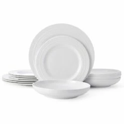 Outlet ⌛ Mikasa® Swirl Bone 12 Piece Dinnerware Set with Pasta Bowls, Service for 4 🎉