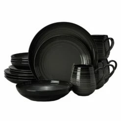 Best Sale ⭐ Mikasa® Swirl Black Coupe with Graphite Ombre Accent 16 Piece Dinnerware Set, Service for 4 😍