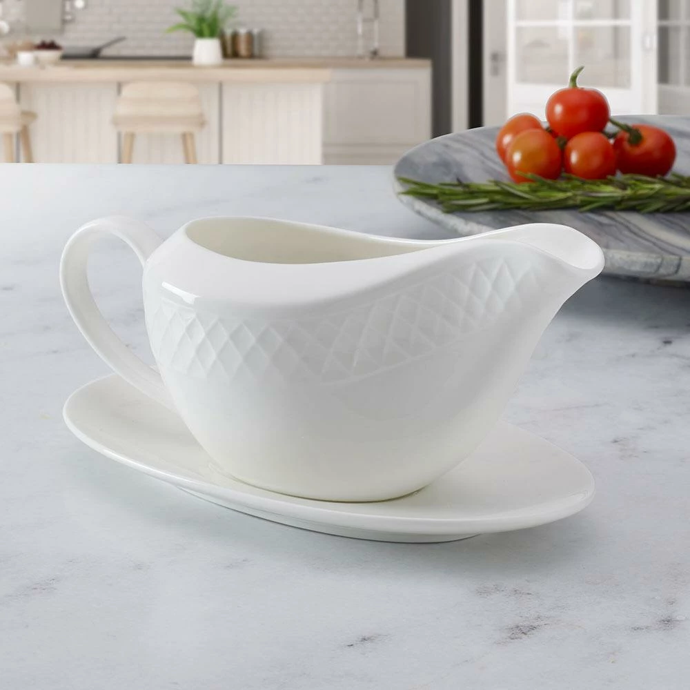 Hot Sale ⭐ Mikasa® Trellis White Gravy Boat with Stand 🤩 - Image 2